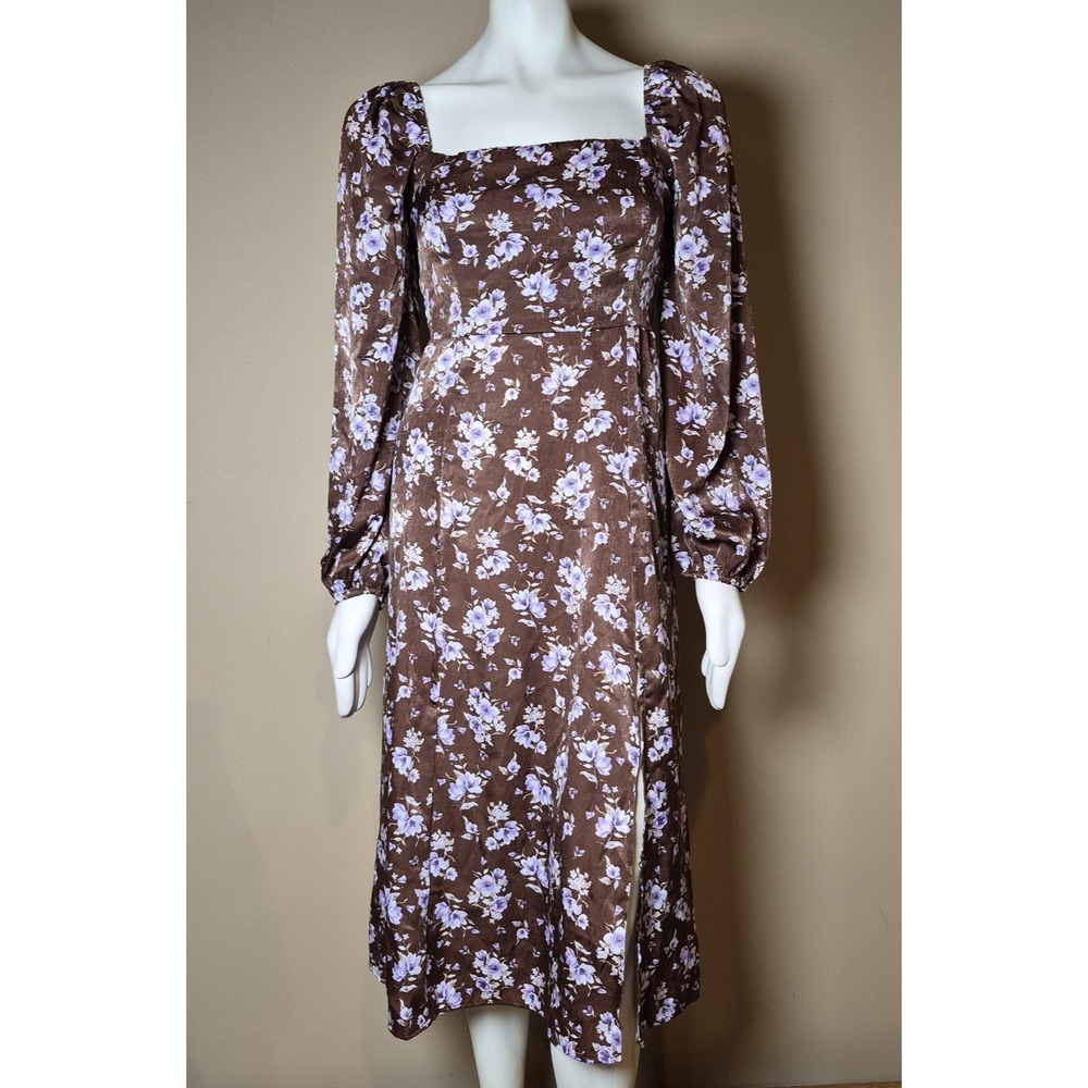 Mi Ami for Francesca's Brown Floral Midi Dress Square Neck Puff Sleeve Slit M